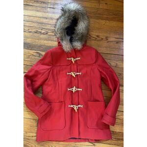 American Eagle Outfitters Women Wool Blend Parka Coat L Red Fur Hood Quilt Lined